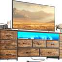 Huuger 63 Inch TV Stand for 65, 70 Inch TV, 11 Drawer Long Dresser with Power Outlets and LED Lights, Entertainment Center with Storage, Rustic Brown Dresser with PU Leather Surface