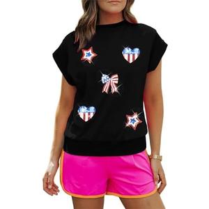 Women American Flag Cap Sleeve Shirt Sequin USA Star T-Shirt Sparkly 4th of July T-Shirt Patriotic Tee Tops, Black, L