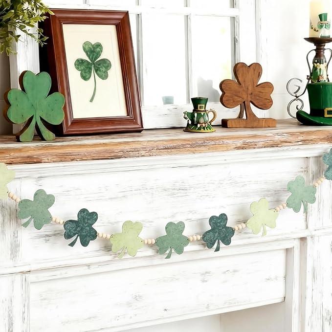 Vicenpal 6.8 FT St. Patrick's Day Garland Wooden Bead Shamrock Garland Irish Rustic Farmhouse Clover Banner Decorations for Home Party Mantel Shelf Display Fireplace Wall Tiered Tray Decor