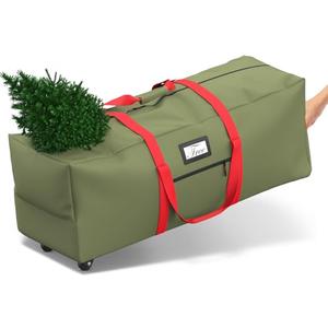Mrrihand Christmas Tree Storage Bag, Large Artificial Anti-Tear Heavy-Duty 600D Oxford Cloth Xmax Christmas Tree Storage Box with Rolling Wheels, Christmas Tree Storage Container (Army Green&Red, 9Ft)