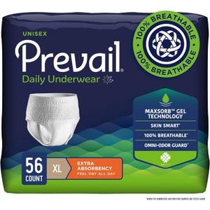 Prevail Daily Protective Underwear - Unisex Adult Incontinence Underwear - Disposable Adult Diaper for Men & Women - Maximum Absorbency - X-Large - 56 Count (4 packs of 14)
