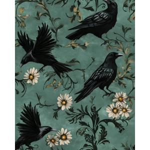 Fvlow Crow Wallpaper Dark Peel and Stick 17.4" x 118" Vintage Contact Paper Gothic Witchy Self Adhesive Removable Covering for Bedroom Bathroom Cabinet Drawer Halloween Raven Wall Decor Grey Green