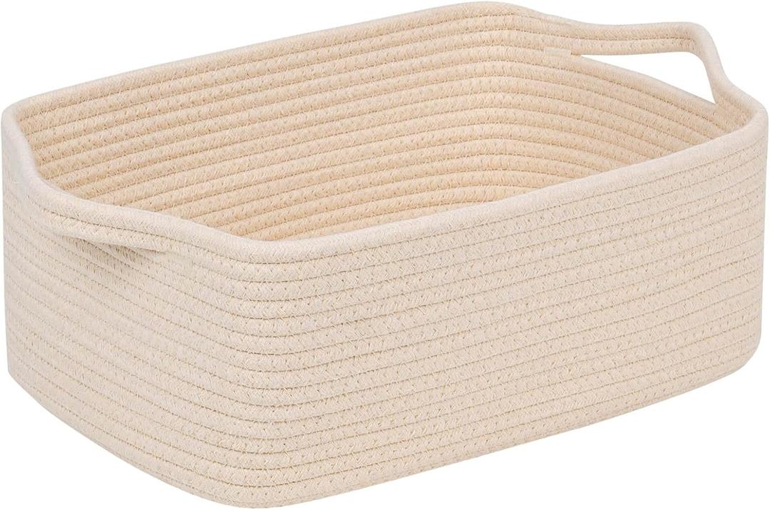 CubesLand Rectangular Cotton Rope Basket, 14x10x5 Inches, Beige, Nursery Storage Bin