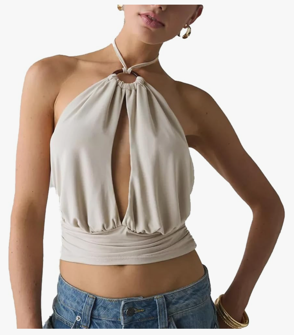 Women Y2K Solid Color Plunge Top Causal Cowl Neck Sleeveless Slim Fit Backless Halter Shirt Summer Streetwear Small