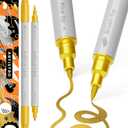ARTISTRO 2 Gold Dual-Tip Acrylic Paint Pens - Multisurface Markers for Glass, Rock, Fabric, Wood, Plastic & More - 1 mm Fine & Brush Tips