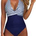SUUKSESS Women Sexy Tummy Control One Piece Swimsuits Halter Push Up Bathing Suits (Large, #1 White Blue Striped)