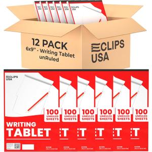 E-CLIPS USA Notepads, Unruled Writing Tablet, Note Pads 6 x 9, Small Notepads, Memo Pad, White, Chipboard Back, Writing Pad, Office Supplies, 100 Sheets Per Pad (12 Pack)