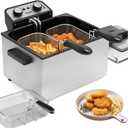 Vexon1800W 5 Liters/21 Cups Large Electric Deep Fryer with 3 Frying Baskets for Home Use, Adjustable Temperature,View Window Lid,Countertop Stainless Steel Body Deep Fryer Pot,Perfect for Kitchen