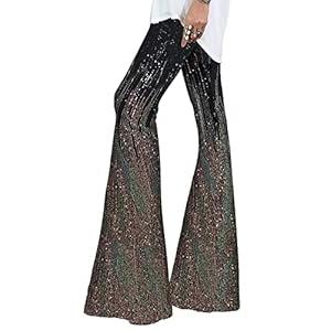 BLENCOT Women's Glitter Sequin Wide Leg Palazzo Pants High Waist Bell Bottoms Party Flared Trousers Blue S 