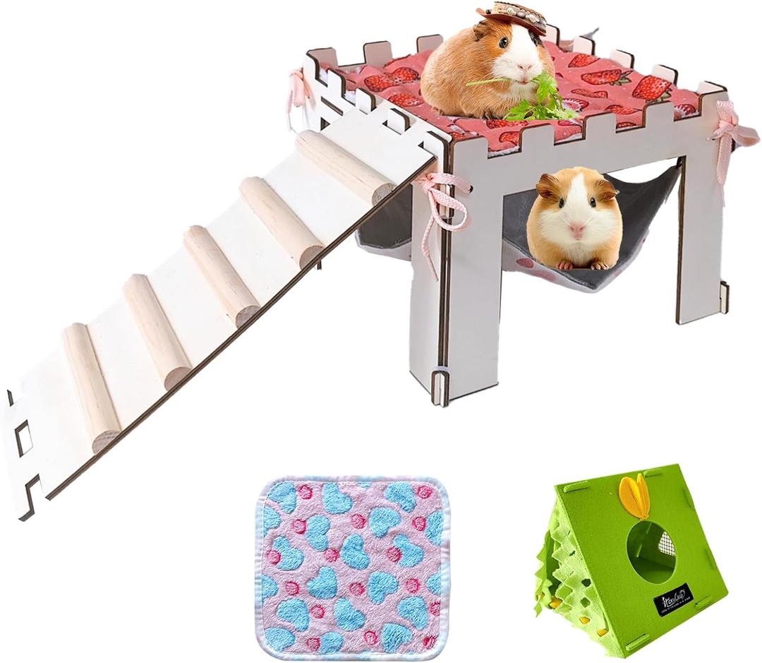 Guinea Pig Hideout with Hammock, Large Wooden Guinea Pigs House with Stairs and Mats, Detachable Guinea Pig Hide for Small Animals Chinchilla Ferret Hamster Habitats Accessories