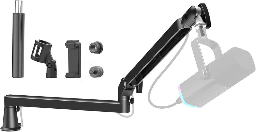 Low Profile Mic Arm 15cm Extra Riser Adjustable Mic Boom Arm Metal Desk Mounted Microphone Stand Cable Management Flexible Microphone Holder for Podcast Streaming Gaming Desktop (Black)