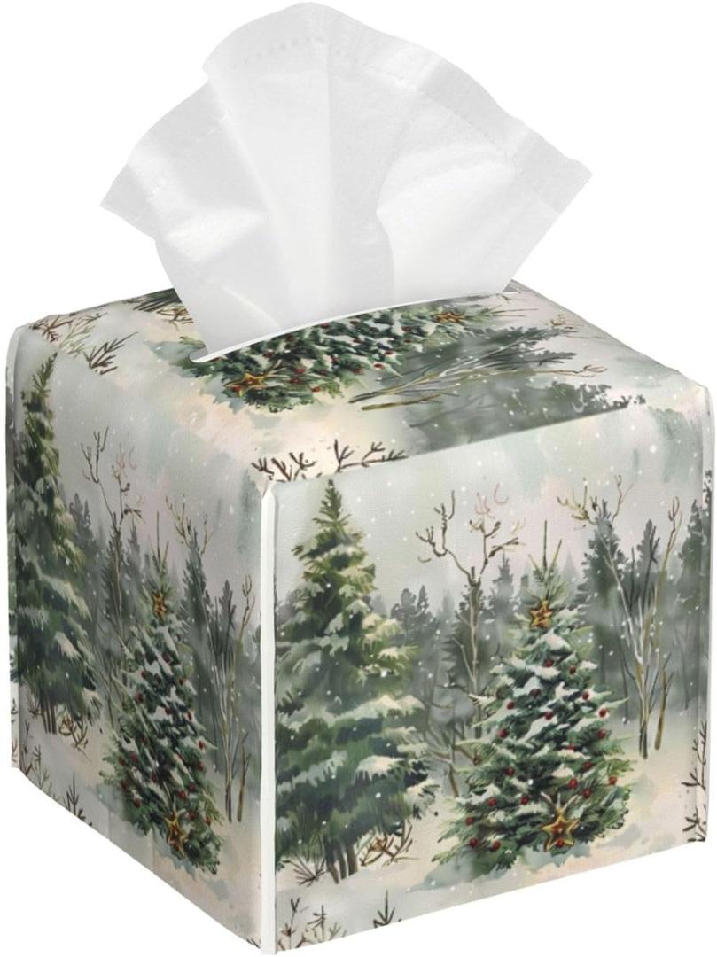 Winter Christmas Tree Tissue Box Cover Square Leather Tissue Case Holder Facial Paper Organizer Decorative for Tabletop Night Stands Desk Bathroom Kitchen Car Office Home Decor