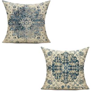 VAKADO Outdoor Boho 18x18 Set of 2 Blue Throw Pillow Covers Spring Decorative Farmhouse Bohemian Carpet Vintage Gray Cases Home Decor for Living Room Bedroom Bed Cushion Cases