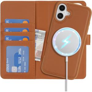 Zouzt Case for iPhone 16 6.1 Inch, 2 in 1 Detachable Wallet with Card Holder for MagSafe Magnetic Wireless Charging Premium PU Leather Flip Folio Kickstand Shockproof Cover Women Men, Brown