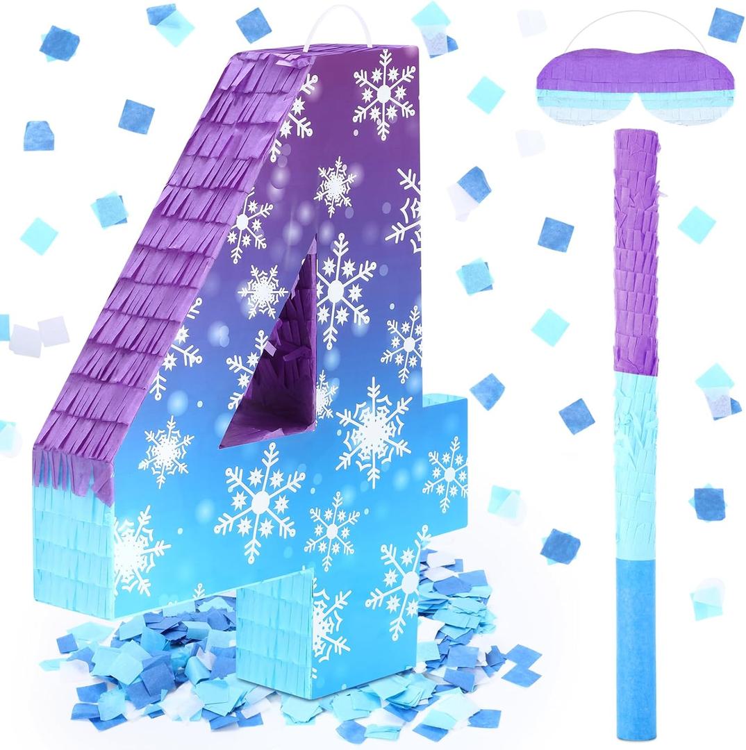 Skylety Snowflake Birthday Decorations, Winter Wonderland Number 4 Piata with Stick Blindfold and Confetti Snowflake Piata 4th Birthday Party Decorations Winter Princess Ice Party Supplies