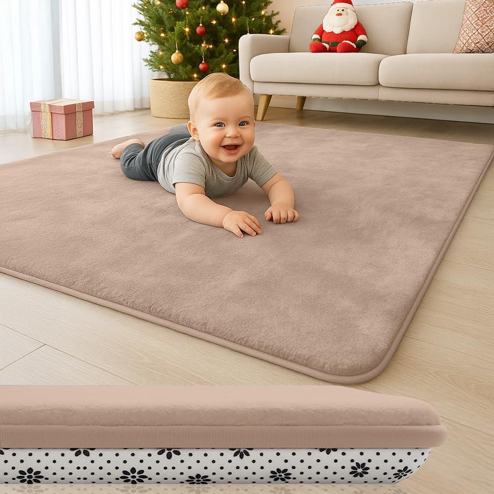 Flat Floor Play Mat, 47 x 47 Inch Washable Foam Play Area with Non-Slip Backing, Roll-Up Indoor Surface for Supervised Play, Light Brown