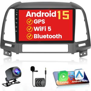 [5G WiFi] Android 15 Car Stereo for 2006-2012 Hyundai Santa Fe Radio, Hikity 9 Touchscreen Car Radio Wireless CarPlay Android Auto Mirror Link 2+32G Bluetooth/GPS/SWC FM/RDS/EQ Backup Camera+Mic