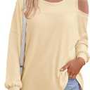 Fisoew Womens Cold Shoulder Tops Casual Long Sleeve Crewneck Basic Loose Fall Fashion T Shirts, M 