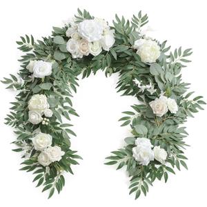 Floroom 6ft Artificial Eucalyptus Garland with Flowers Fake Greenery Faux Floral Vine Garland for Table Decor Wedding Centerpieces Bridal Shower Party Decorations, Ivory White
