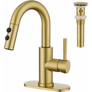 Kablle Bathroom Sink Faucet with Pull Down Sprayer, Brushed Gold Single Handle Pull Out Faucet with Pop-Up Drain, 1 or 3 Hole Laundry Bar Basin Faucet with Deck Plate, KBL-7002BG-CL