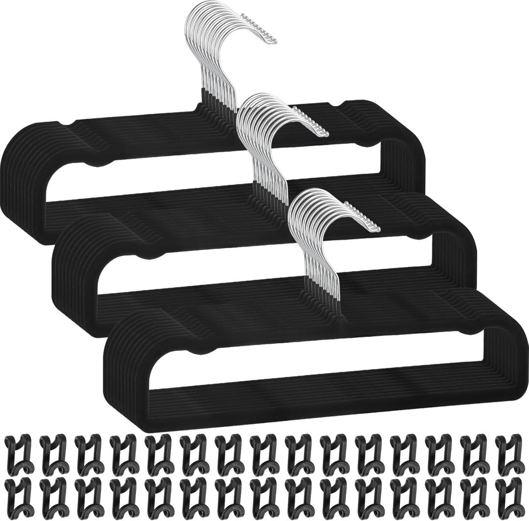 Pants Hangers Non Slip, 30 Pack Velvet Hanger for Closet with 30 Hooks, Strong Durable Space Saving Slim Pants Hanger, Ultra Thin & Space Saving Flocked Hangers for Pants/Shirts/Shorts/Bra (Black)