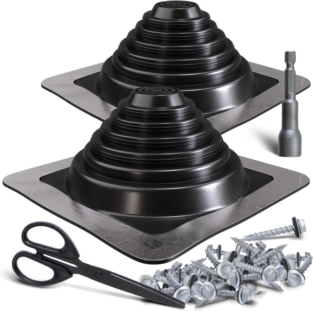 VIVIDA #3 Metal Roof Pipe Flashing Boot Kit, Flexible Roof Jack High Temp Silicone Vent Boot for Pipe OD 1/4" to 5", Square Base, Screws & Hex Socket & Scissors Included, Black, 2 Pack