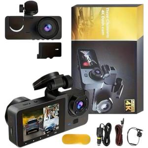 4K+1080P Ultra HD Car Dash Cam with 32GB SD Card - 3-Channel Front/Rear/Interior Camera, Motion Detection, 24H Parking Mode, WDR, G Sensor - Includes Mounting Hardware & Accessories.