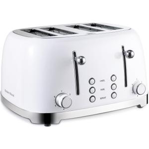 Roter Mond 4 Slice Toaster Retro Stainless Steel with Bagel Defrost Cancel Function, 6 Browning Settings, Extre Wide Slot and Removable Crumb Tray, White, ST033