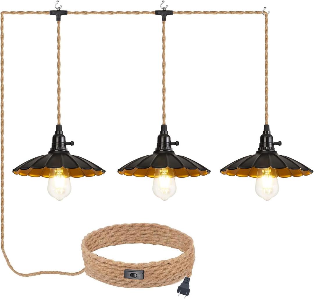 3-Light Plug in Pendant Light Fixtures Chandelier with Switch 22FT Industrial Ceiling Hanging Lamp Cord Farmhouse Cable DIY Including DIY Lotus lampshade (Brown)