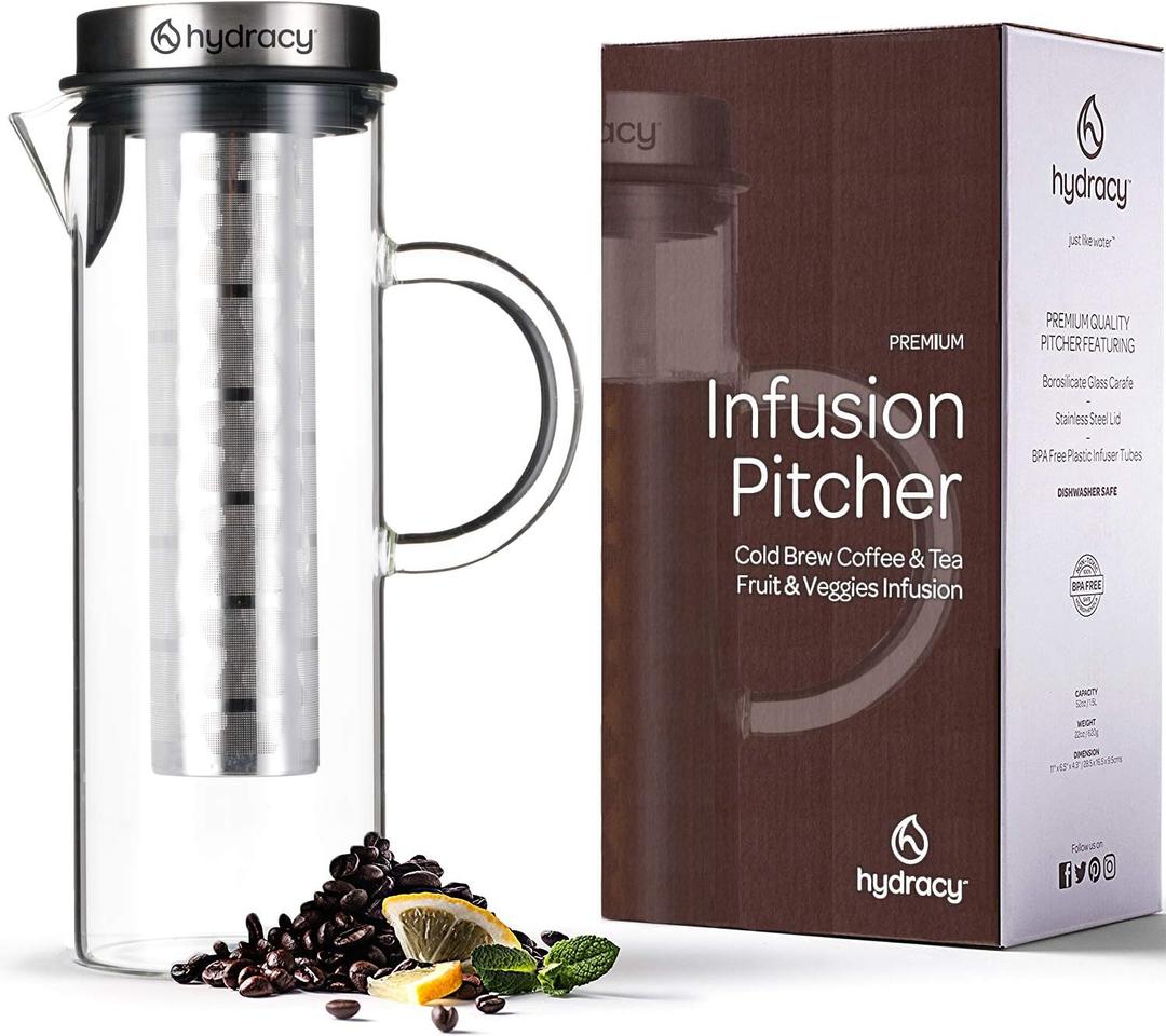 Cold Brew Coffee Maker - Large Glass Infusion Pitcher 1.6 Quarts 52oz - Iced Coffee & Iced Tea Pitcher with Stainless Steel Lid & Fruit Infusion Tube - Perfect for Home or Office