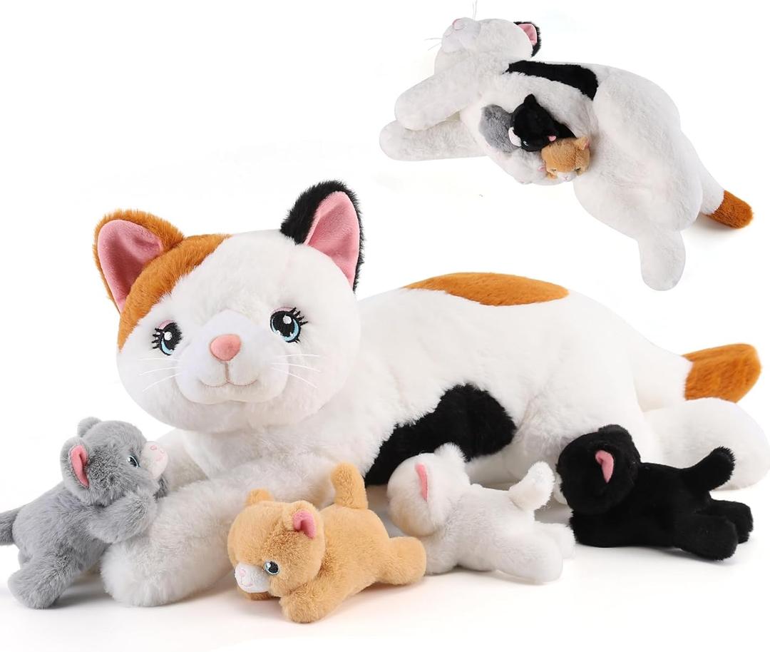5 Piece Cat Stuffed Animal Set - Mommy Cat with 4 Kittens - Plush Kitty Toys for Kids Age 3-8, Perfect for Gifts (White)