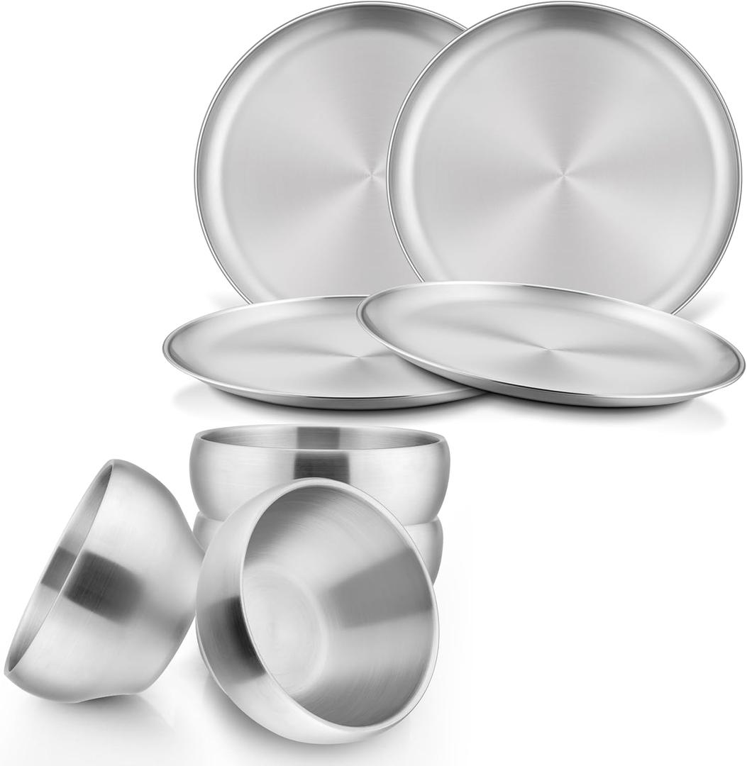 HaWare Kids Plates and Bowls, 8 Pieces Stainless Steel Dish Set, Reusable Dinnerware for Camping, Hiking, Travel, Picnic, Non-toxic Tableware set for Kids Self-feeding, Dishwasher Safe