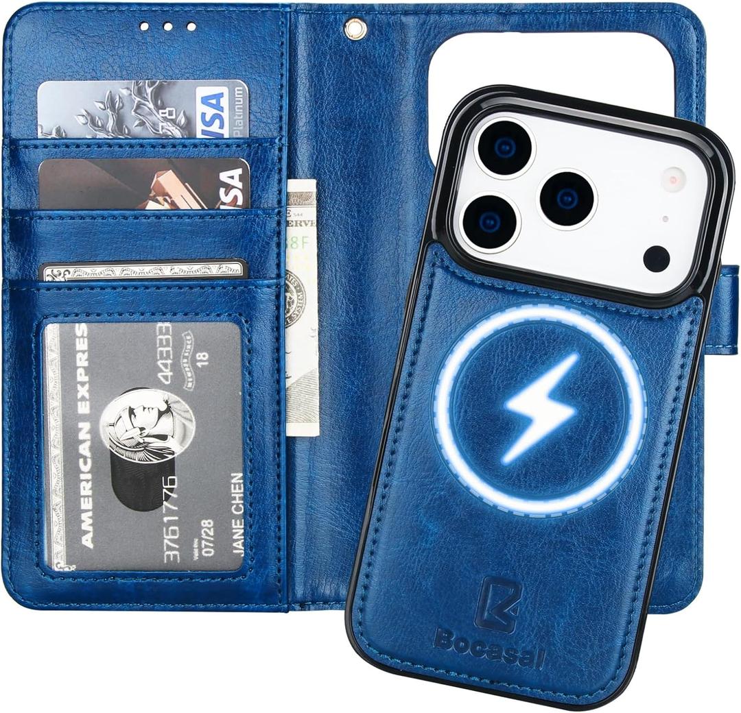 Bocasal for iPhone 17 Pro Wallet Case Compatible with MagSafe Wireless Charging, RFID Blocking Magnetic Leather Case with Card Slots Holder Kickstand Detachable Wrist Strap 6.3 Inch (Blue)