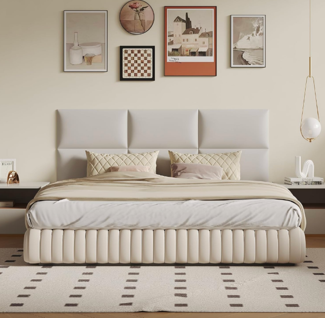 6-Piece Wall Mount Headboard Kit - White Peel and Stick Upholstered Headboard for Queen Size Bed, Floating Bed Backboard, 24" x 12" Panels, Artificial Leather