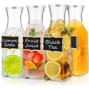 Glass Carafe with Lid, 4Pcs Square Glass Carafe Juice Containers 1 Liter Clear Glass Pitcher Drink Dispensers for Beverage Cold Water Juice Milk Iced Tea Wine Dishwasher Safe