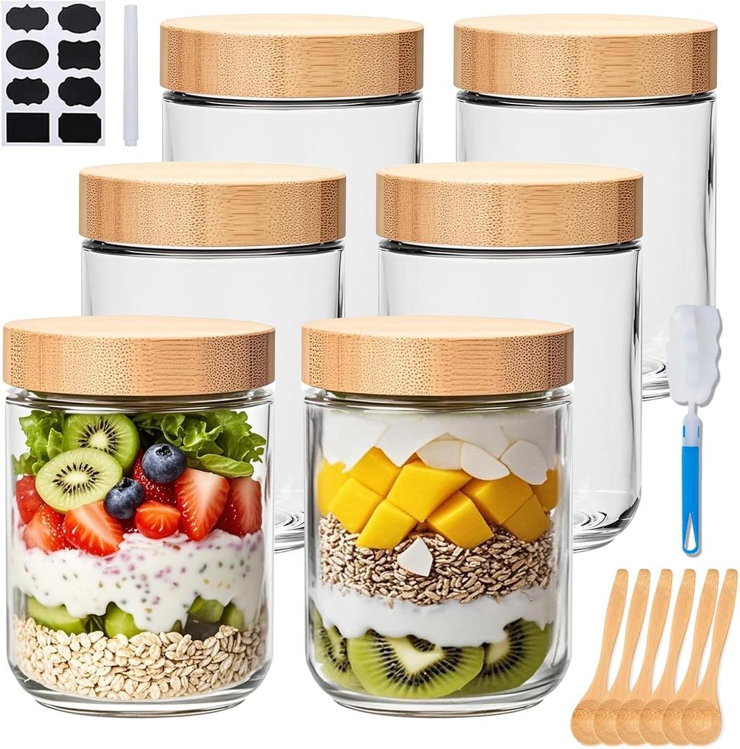 Encheng 16oz Glass Jars with Lids, Overnight Oats Containers with Bamboo Lids, Wide Mouth Glass Mason Jar Food Storage Containers for Salad, Yogurt, Meal Prep, 6 Pack