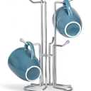 HULISEN Coffee Mug Holder for Countetop, Cup Tree for Counter Large Mugs with 6 Hooks, Metal Cup Holder Stand, Standing Rack Display for Coffee Bar, Silver
