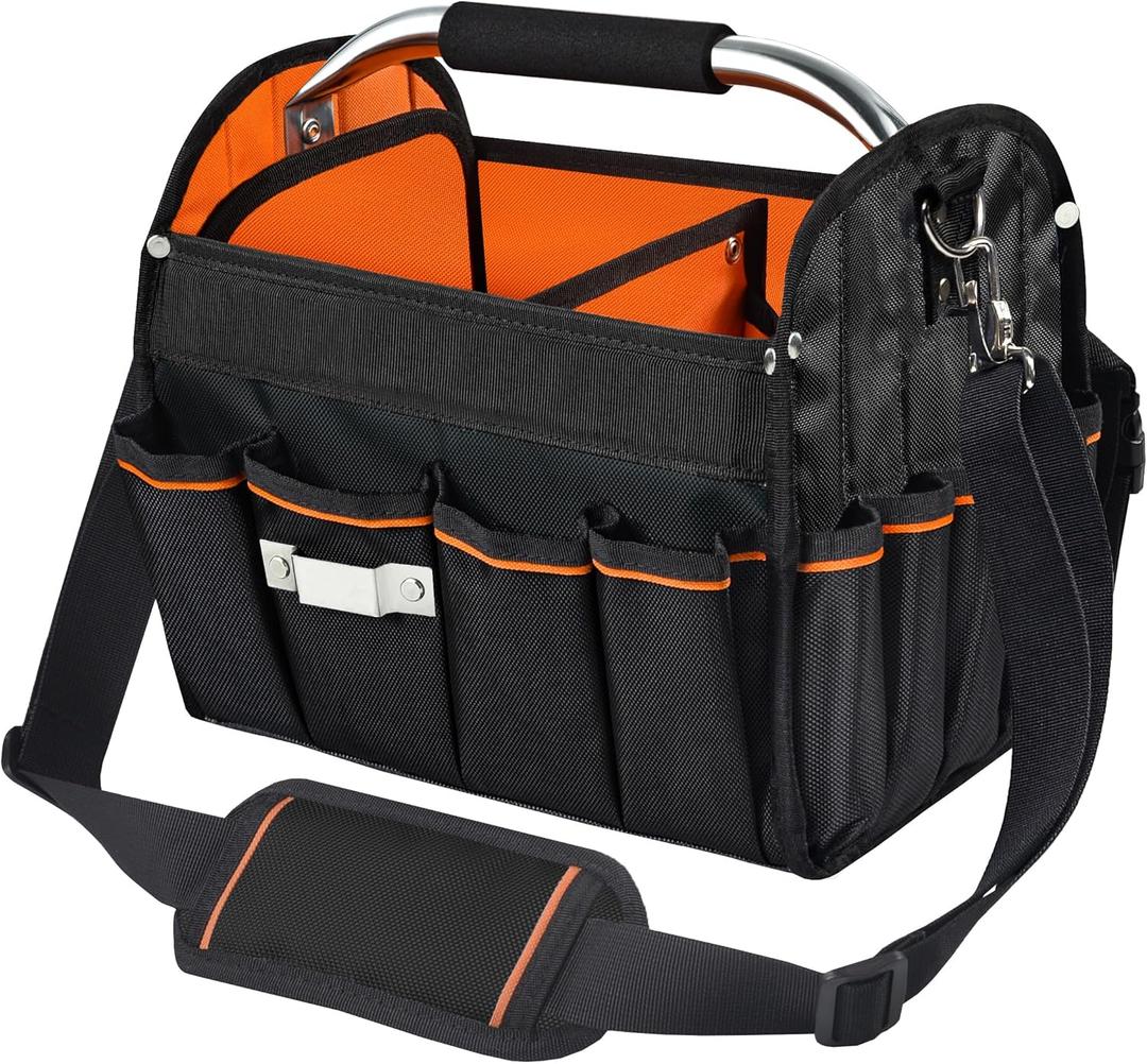12 Inch Electrician Tool Tote Bag, 1680D Ballistic Polyester 34 Pockets Open Top Foldable Tool Bags with detachable divider, Tool Tote with Stainless Steel Handle & Padded Shoulder Strap (Black & Orange)