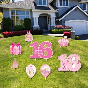 Sweet Happy 16th Birthday Party Yard Sign Set of 8 Pink 16 Birthday Yard Signs with Stakes and Outdoor Lawn Decoration for Girls