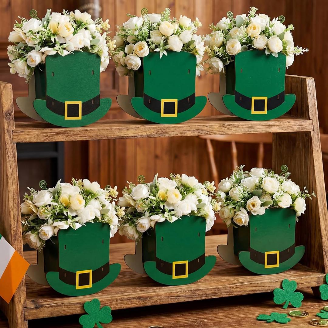 6 Pcs St. Patrick's Day Table Decorations Wooden Flower Pot St. Patrick's Day Table Centerpieces Green Irish Top Hat Flower Arrangement Tabletop Home Birthday Party Decor