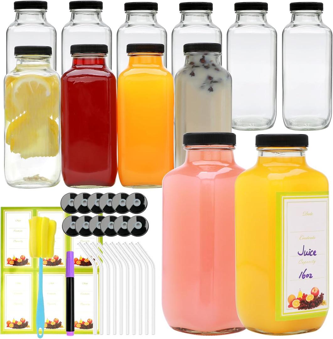 12 Pack 16oz Glass Juice Bottles with Lids, Reusable Clear Square Bottles for Juicing, Smoothies, Milk, Cold Brew, Water