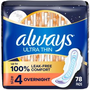 Always Ultra Thin Overnight Pads with Wings, Size 4, Overnight, 78 Count (3 Packs of 26)