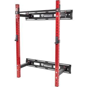 Signature Fitness 3” x 3” Wall Mounted Fold-in Power Cage Squat Rack with Adjustable Pull Up Bar and J Hooks - Space-Saving Home Gym