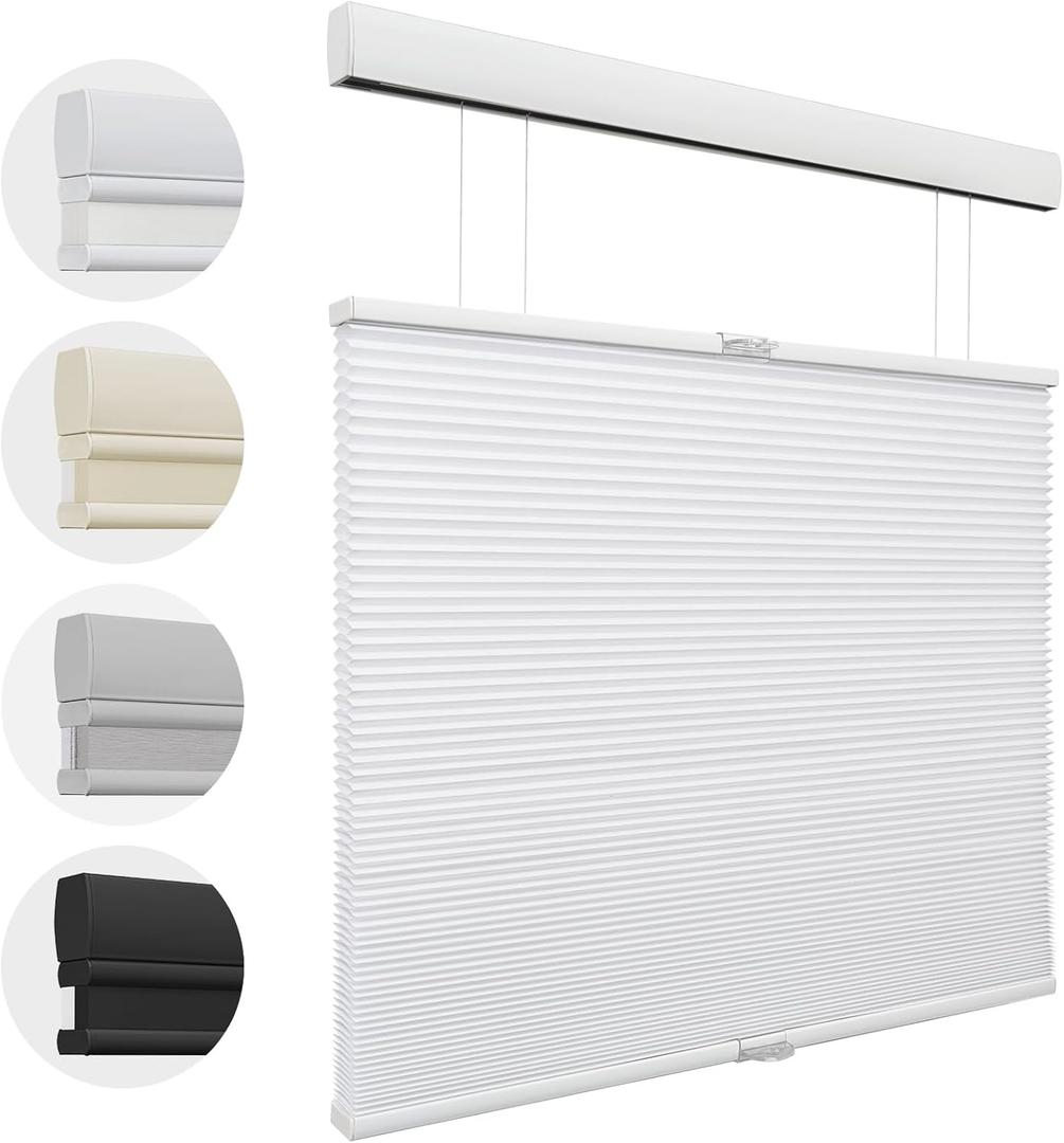 MiLin Cordless Top Down Bottom Up Cordless Cellular Shades Color-Matched Cellular Shades Cellular Blinds for Windows Honeycomb Design Blinds & Shades (Light Filtering White, 36" W x 64" H)