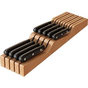 In-Drawer Knife Block Organizer - Bamboo Wood Drawer Knife Organizer-Protecting Knife Organizer Block (Not Included) (Natural, 9 Knives Dock)