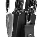 Damascus Kitchen Knife Set with Block  Razor Sharp 67-Layer VG10 Steel, Triple Rivet Handles, Chef, Santoku, Utility, Bread & Paring Knives, Sharpener, Shears, Black, 9PCS (NF-D0604T- B)