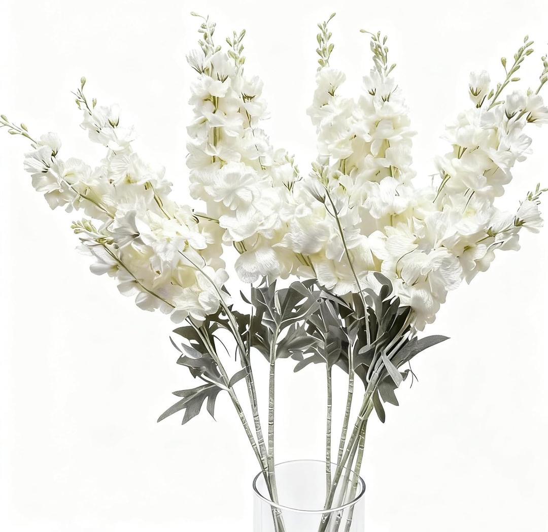 8PCS Delphinium Artificial Flowers Larkspur Bulk Silk Flowers 33.5 in Long Stem Fake Flowers for Home Garden Wedding Floral Arrangements Decor (8, White)