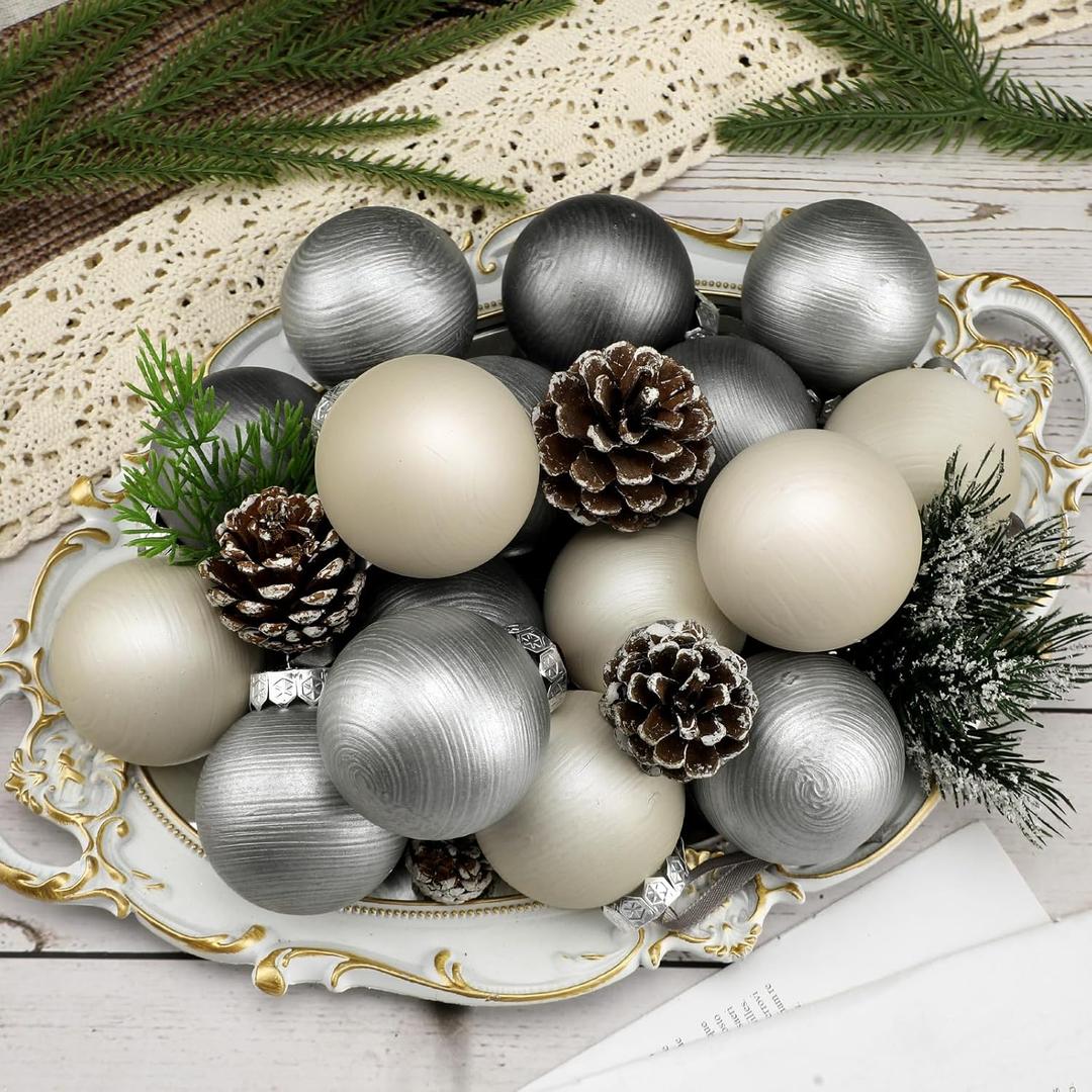 12 Pcs Modern Neutral Christmas Ball Ornaments Set 2.4 Inch Rustic Silver Pearl White Xmas Baubles Shatterproof Textured Farmhouse Modern Christmas Decor for Tree Holiday Indoor Home Decor