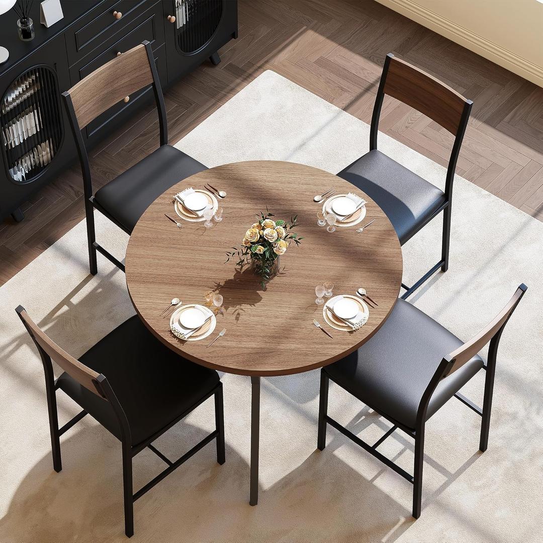 Pamapic Round Dining Table Set for 4, Kitchen Table and Chairs for 4, Dining Room Circle Dinner Pedestal Table, Solid Metal Frame,Space Saving Wood Small Kitchen & Dining Room Furniture,Walnut