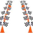 YOELVN 6 Pack 7inch Orange Race Cones with Holes on Top,12 Pack Checkered Flags,Racing Car Birthday Party Decorations,Two Fast Centerpieces,Race Cars Themed Party Supplies